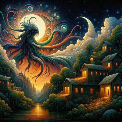 The primary subject of the image is a large, colorful, and whimsical creature, possibly a mermaid or a sea monster, with long hair and a long tail. The creature is standing in a body of water, possibly an ocean, and is surrounded by a beautiful and vibrant landscape. The setting includes a village with houses, trees, and a moon in the sky. The visual style of the image is a combination of digital art and illustration, creating a unique and captivating scene. The colors and m